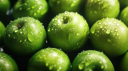 Juicy green apples, wet, close-up, dark background, food