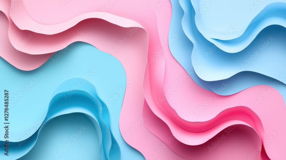 Poster abstract design featuring layered paper textures in shades of pink and blue, creating a dynamic flow