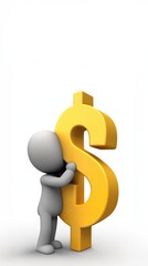 Obraz premium Cartoon grey man leaning against a large yellow dollar sign on a white background symbolizes financial stability and high yield savings