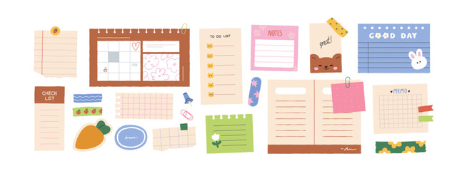 Cute blank papers, notes, stickers, tapes and pins set. Kids stationery for memos, reminders. Torn notepad pages, notebook sheets for writing. Flat vector illustration isolated on white background