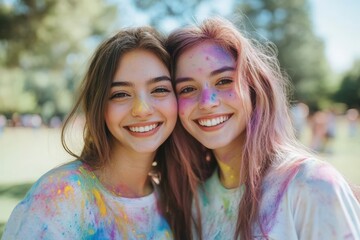 Obraz premium Happy Indian Sisters Celebrating Holi Festival and Posing for Photo.Fictional Character Created By Generative AI