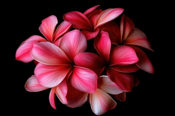 Obraz premium Plumeria or Frangipani or Temple tree flower. Close-up pink-red plumeria flowers bouquet isolated on black background