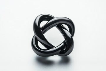 Fototapeta premium This black ceramic knot sculpture features a smooth, glossy finish that reflects light elegantly. Its interwoven curves create a visually captivating display of artistry and craftsmanship