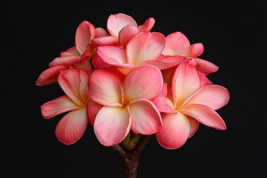 Plumeria or Frangipani or Temple tree flower. Close-up pink-red plumeria flowers bouquet isolated on black background