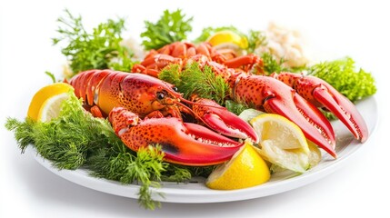 Cooked lobster, lemon, herbs, plate, white background, food photography