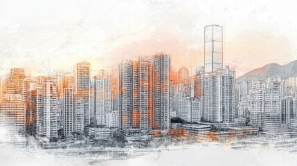 Sketch and real mix urban cityscape scene , development and real estate business concept , mixed media