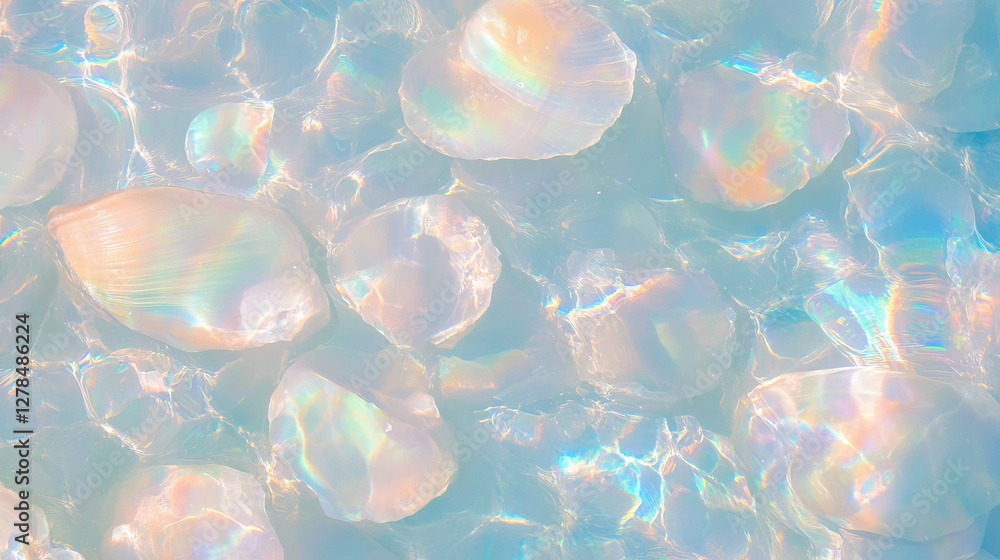 Poster iridescent seashell wall with pearly texture for artistic design and home decor