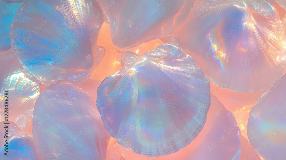 Poster Iridescent seashell texture with pearlescent shine for nautical design and decor