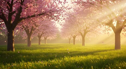 Paisaje primaveral sereno con flores florecientes y luz solar suave &ndash; Fondo de pantalla de escritorio