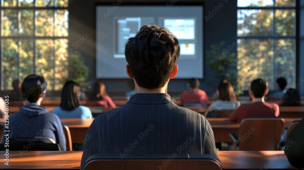 Poster a group of students attentively watching a presentation in a classroom setting, focused on a screen 