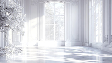 a white, empty room with a large window and soft light from the sun