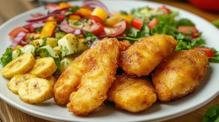 Fried fish, salad, banana, lunch, table