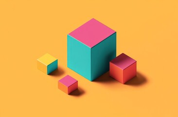 Obraz premium Colorful cubes arranged in size order on yellow background.