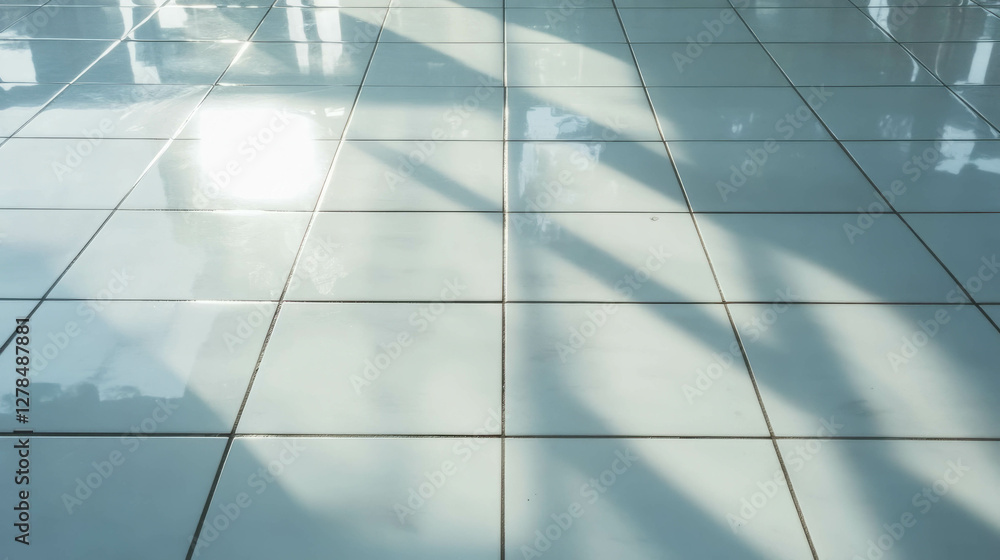 Poster sunlit large white tile flooring with thin grey grout and shadows for interior design and architectu