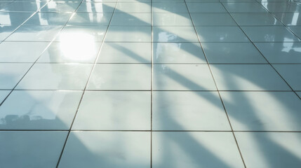 Fototapeta premium Sunlit large white tile flooring with thin grey grout and shadows for interior design and architecture