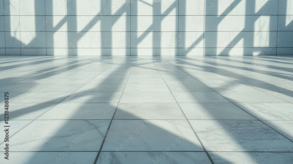 Poster sunlit large white tile floor with subtle grey grout patterns