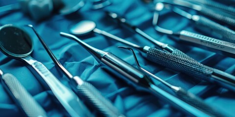Macro shot dental doctor tools instrument in surgery room hospital or clinic blur and blue tone.