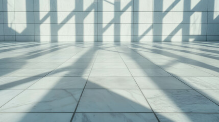 Sunlit large white tile floor with subtle grey grout patterns