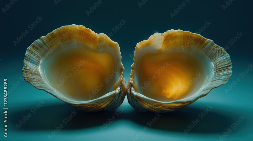 Aufkleber two beautifully opened seashells displaying intricate patterns and warm colors against a dark backgr
