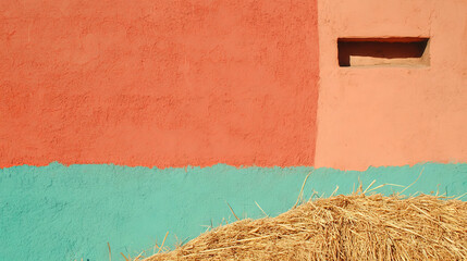 Vibrant adobe textured wall with straw bales design for print and decor