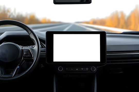 A white blank mock-up touchscreen in a modern car with a minimalist interior driving on the highway