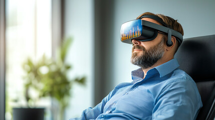 Immersive virtual reality experience with man wearing VR headset