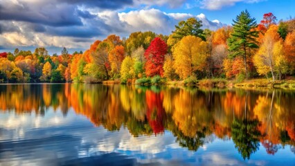 Autumn Serenity Over Lake, colorful fall trees, tree reflections