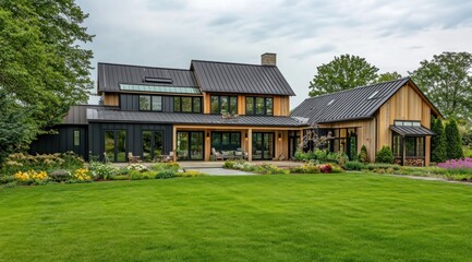 Modern farmhouse with black metal roof, large windows, and expansive lawn.