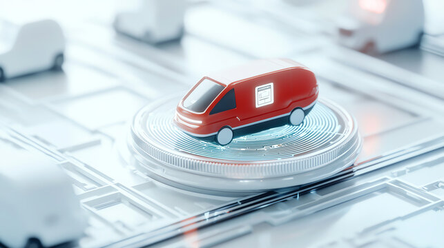Futuristic red delivery van on digital platform, symbolizing innovation and technology