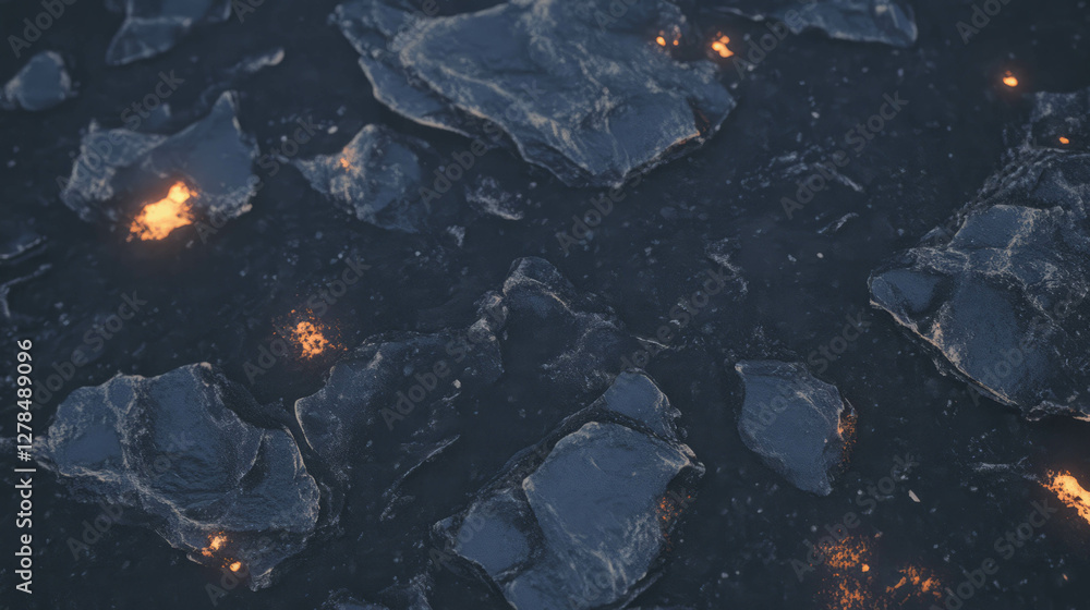 Poster dark stone texture with glowing embers for design and background use
