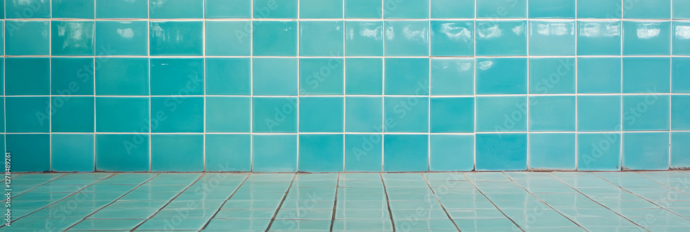 Poster light blue tiled wall texture with thin grout for interior design and background concepts