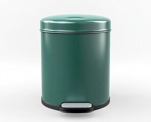 3D green trash bin, front view, white background, high-resolution photography 
