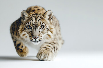 Fototapeta premium Snow leopard with thick fur, crouching on a white background, symbolizing stealth