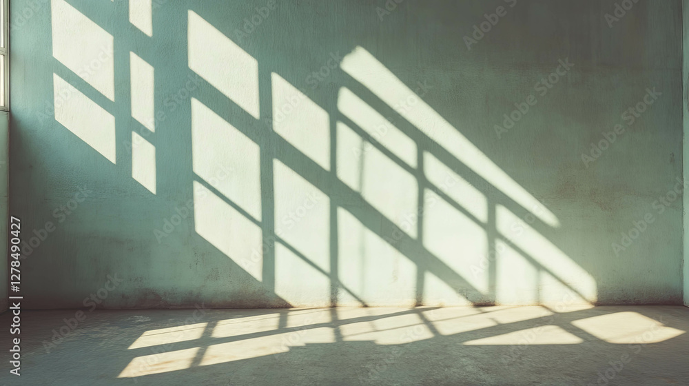 Poster Light and shadow patterns on a minimalist greyish clay wall surface