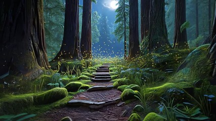 Explore a magical forest path illuminated by fireflies under a full moon at night