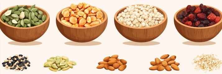 Variety of Plant-Based Ingredients in Wooden Bowls Against a Light Background