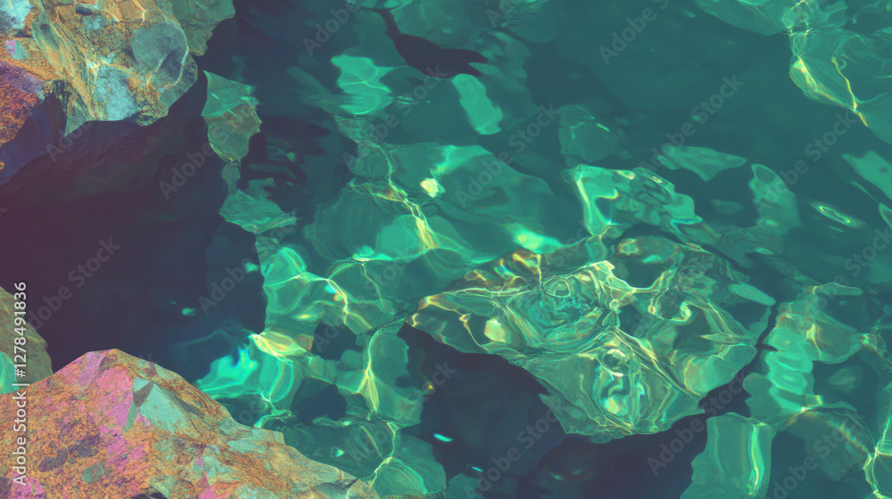 Poster Limestone texture with embedded crystals creating a reflective water surface effect