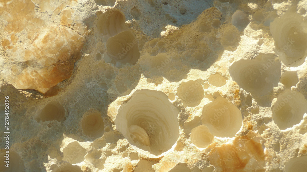 Poster Limestone surface with fossilized shells - natural geological patterns for design