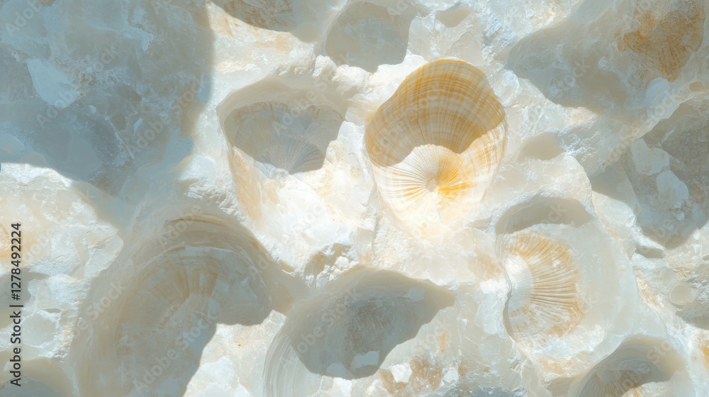 Aufkleber Fossilized shells in limestone texture for natural design and earth science exploration