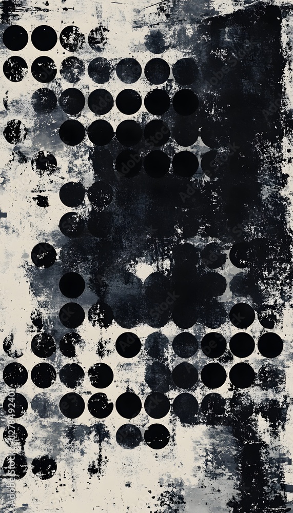Poster abstract painting shows dark circles arranged in a grid pattern