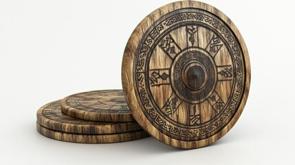 Wooden shield coasters studio shot