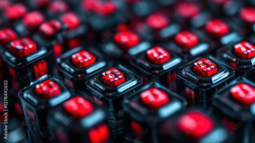 Poster close-up of vibrant red mechanical keyboard switches arranged in a grid pattern, showcasing technolo