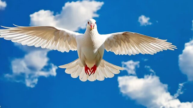 White flying dove over the blue sky - symbol of hope, religion, god or peace