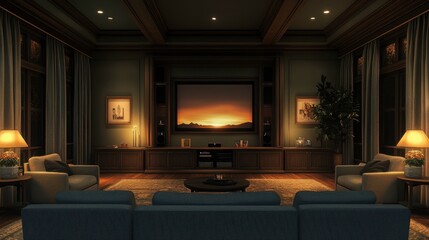 A cozy living room with a large TV, elegant furnishings, and soft lighting, creating a warm and inviting atmosphere.