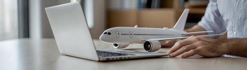 Businessman Planning Travel with Model Airplane and Laptop on Desk for Vacation or Conference Travel Arrangement
