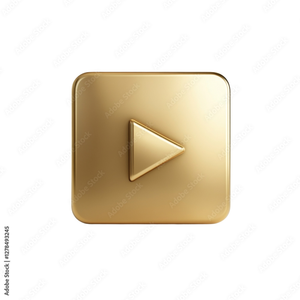 Poster golden play button emblem with shiny metallic finish and glossy surface highlight