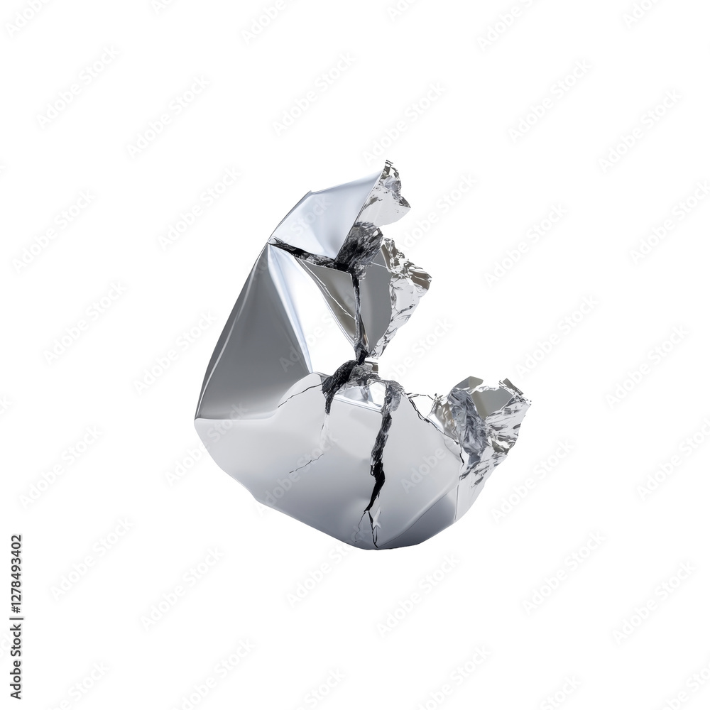 Poster shattered silver rock fragment with reflective and sharp irregular surfaces and edges