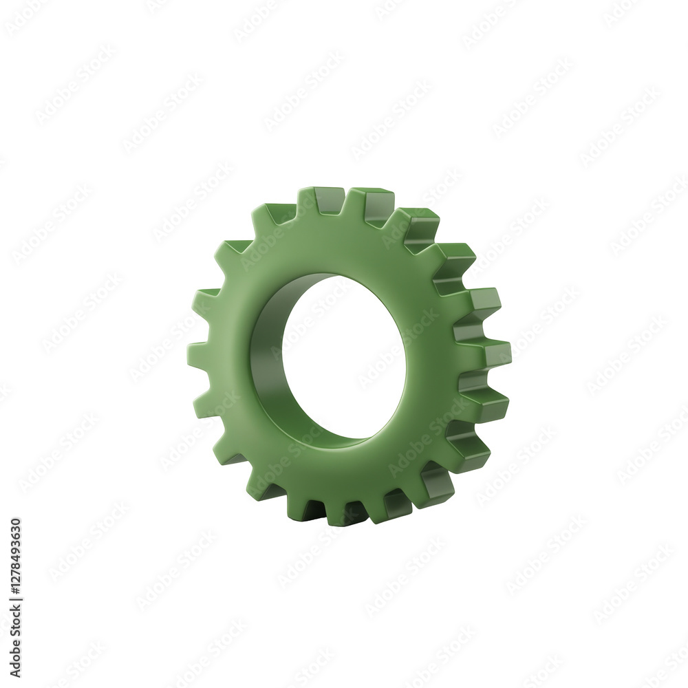 Poster green gear icon with three dimensional appearance and rotating motion effect in glossy finish