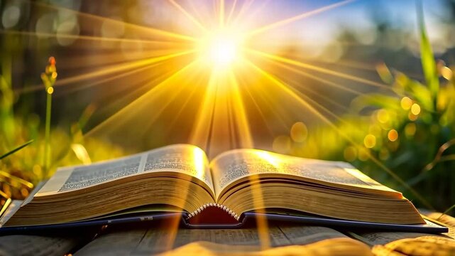 Sunlight illuminating an open book on grass during a peaceful afternoon