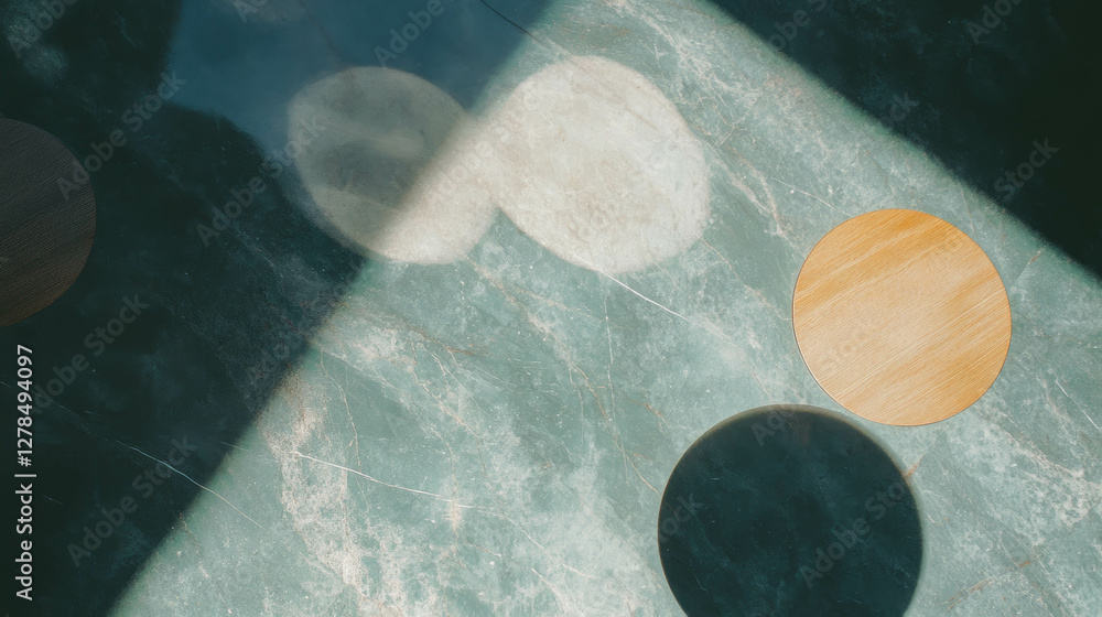 Poster artistic composition of marble texture with wooden circles and shadow patterns